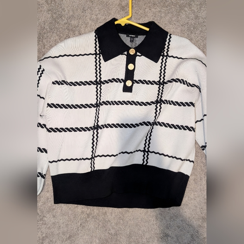 Black and White Plaid Long Sleeve Business Casual Polo Women's Top
